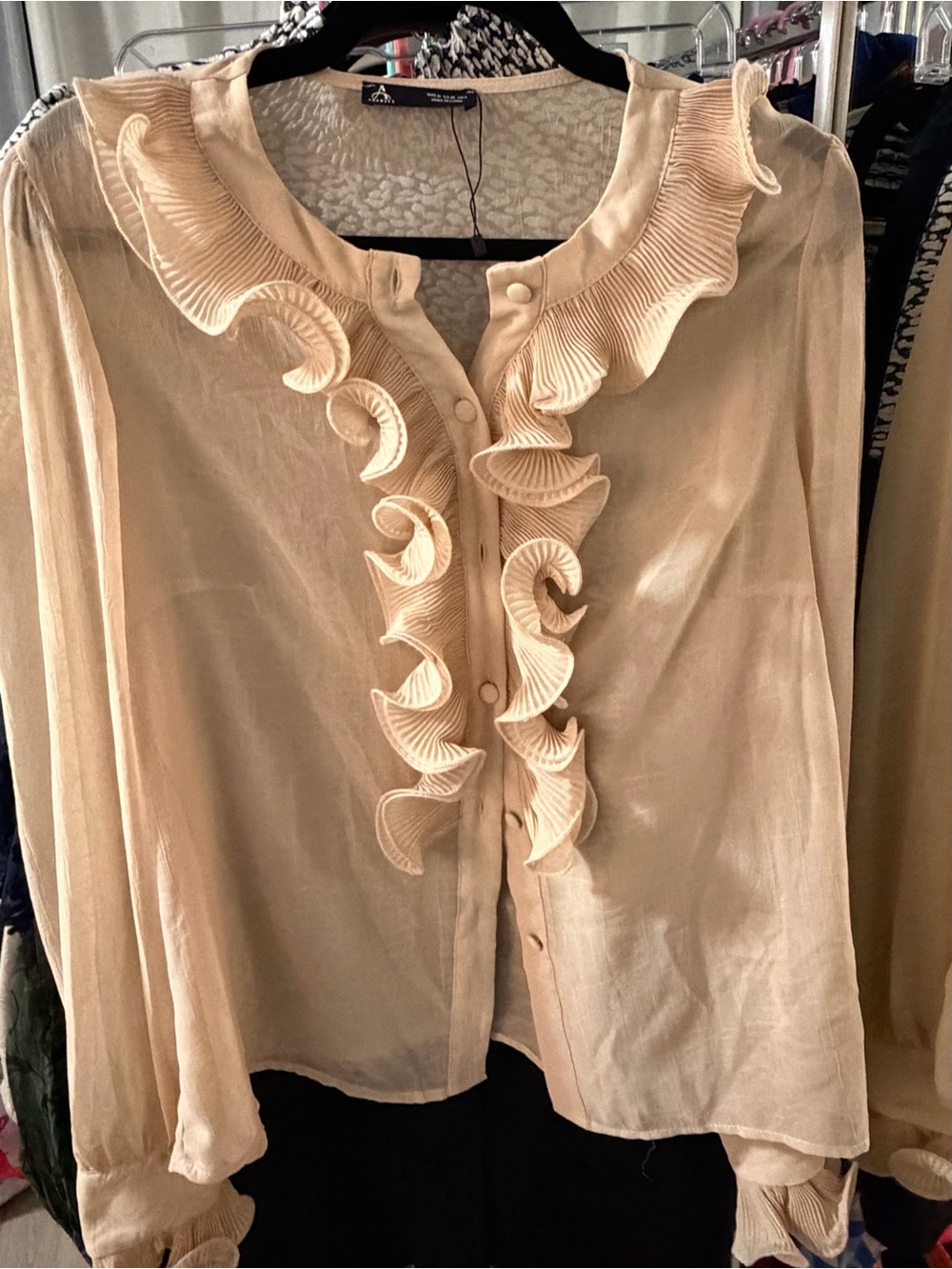 Ruffle-Front Button Blouse in Beige
